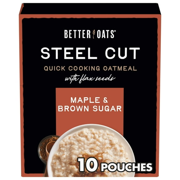 Better Oats Maple & Brown Sugar, Instant, Steel Cut Oatmeal, Hearty 10 Packets, 15.1 oz Box