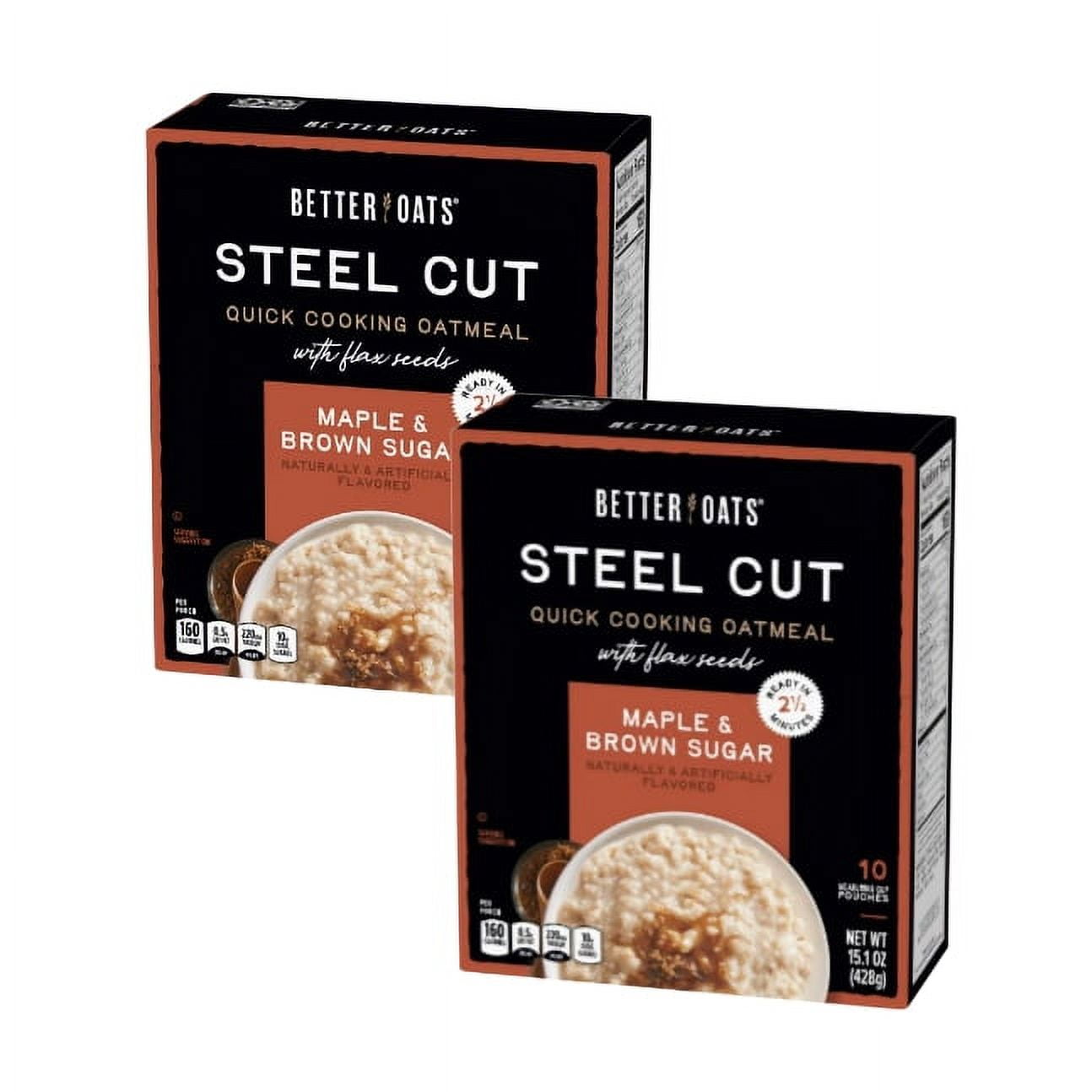 Better Oats Maple and Brown Sugar Steel Cut Oatmeal Packets with Flax Seeds, 10 Instant Oatmeal Packets, 15.1 oz (2 pack)