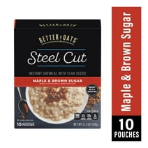 Better Oats Maple and Brown Sugar Steel Cut Oatmeal Packets with Flax Seeds, 10 Instant Oatmeal Packets, 15.1 oz Pack