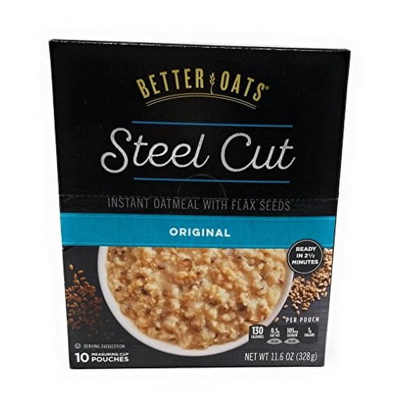 Better Oats Original Steel Cut Instant Oatmeal with Flax - 3 Pack with 10 pouches each