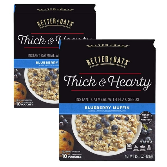 Better Oats Thick & Hearty Blueberry Muffin Instant Oatmeal with Flax Seeds 15.1 oz (2 Pack)