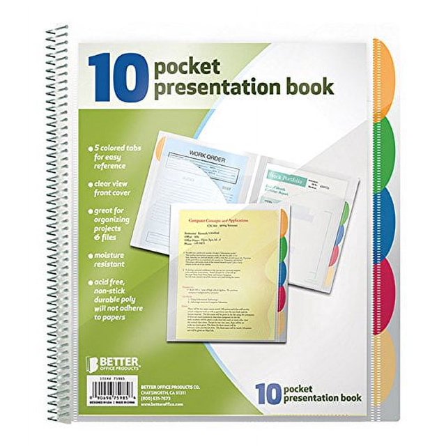 Better Office Products 10 Pocket Poly Presentation Folder With Tabs, 2