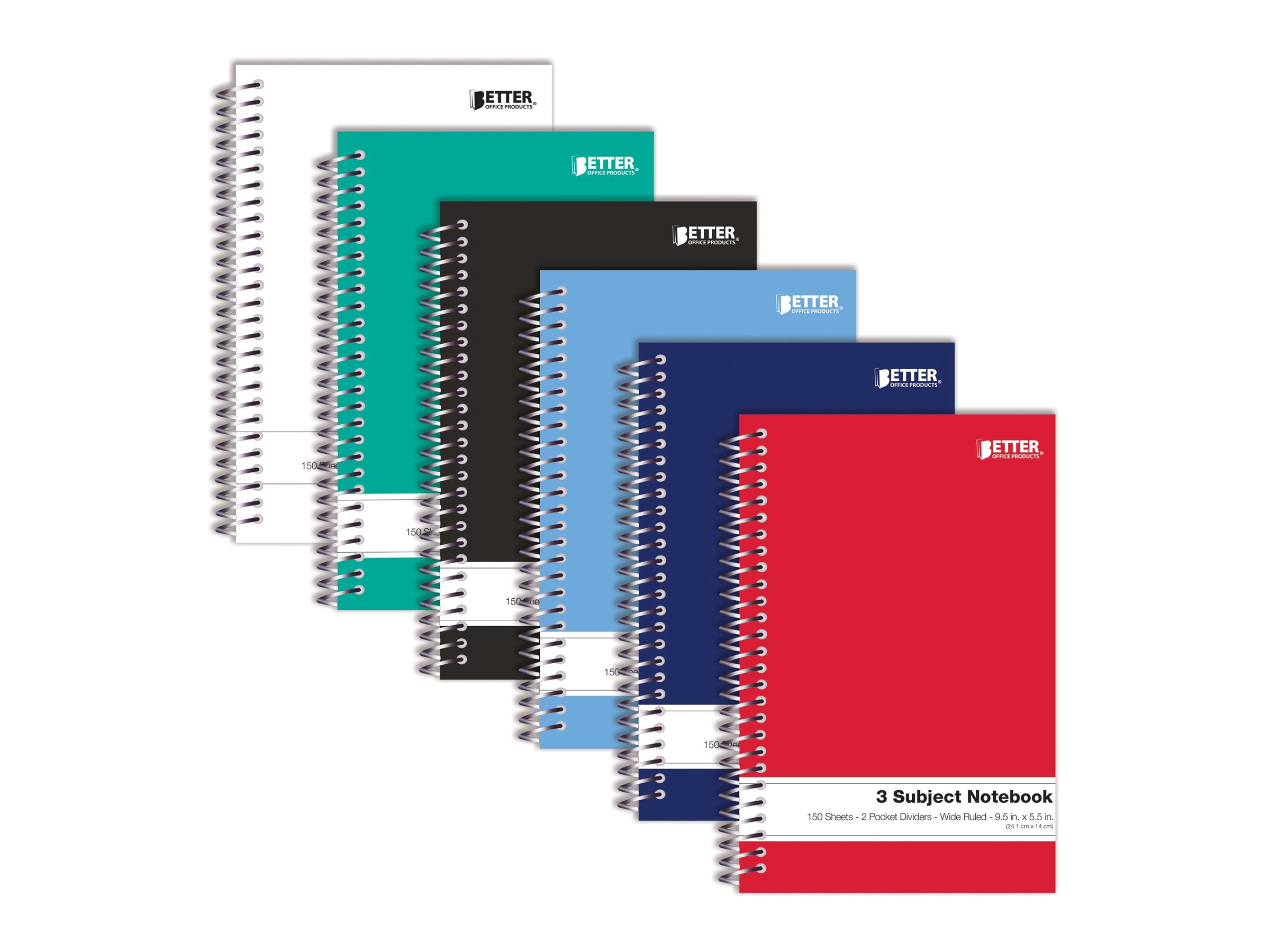 Better Office Products - 3 subject notebook - spiral-bound - 140 x 241 mm - 150 sheets / 300 pages - wide - assorted (pack of 6)