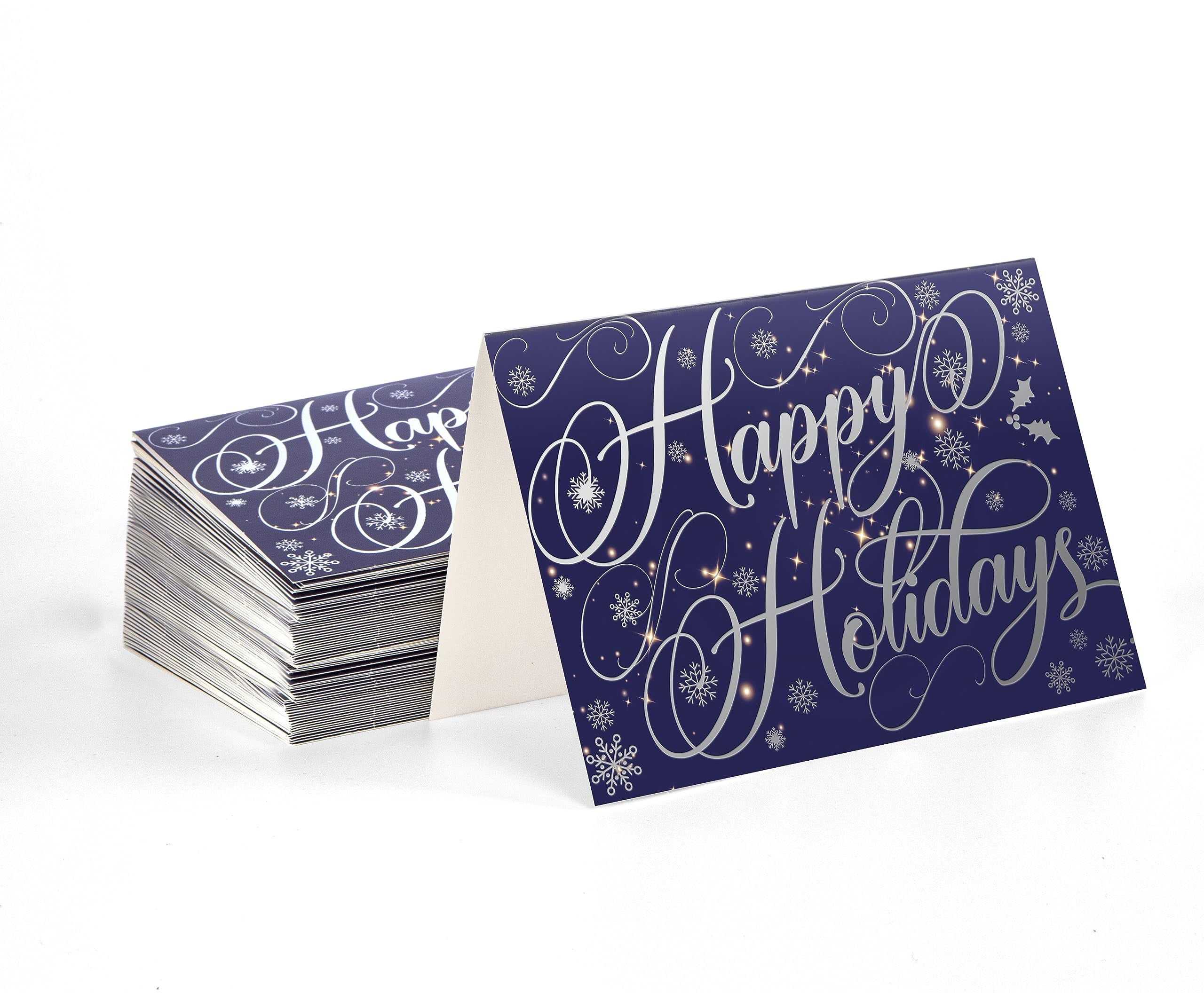 Better Office Products 50 Pack Happy Holidays Cards with Silver Foil Accents, 5" x 7", High Gloss, Interior Greeting, with 50 Envelopes, Christmas Cards, New Years Cards, 50 Count Boxed Set