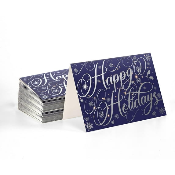 Better Office Products 50 Pack Happy Holidays Cards with Silver Foil Accents, 5" x 7", High Gloss, Interior Greeting, with 50 Envelopes, Christmas Cards, New Years Cards, 50 Count Boxed Set