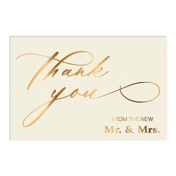 Better Office Products 50 Pack Wedding Thank You Cards in Metallic Gold with Envelopes, Thank You From The New Mr and Mrs, 4 x 6 Inch, Blank Cards, 50 Count Boxed Set