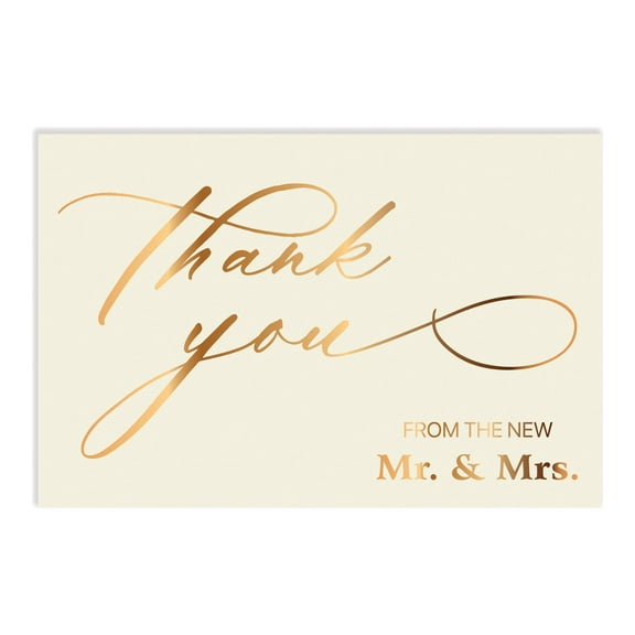 Better Office Products 50 Pack Wedding Thank You Cards in Metallic Gold with Envelopes, Thank You From The New Mr and Mrs, 4 x 6 Inch, Blank Cards, 50 Count Boxed Set