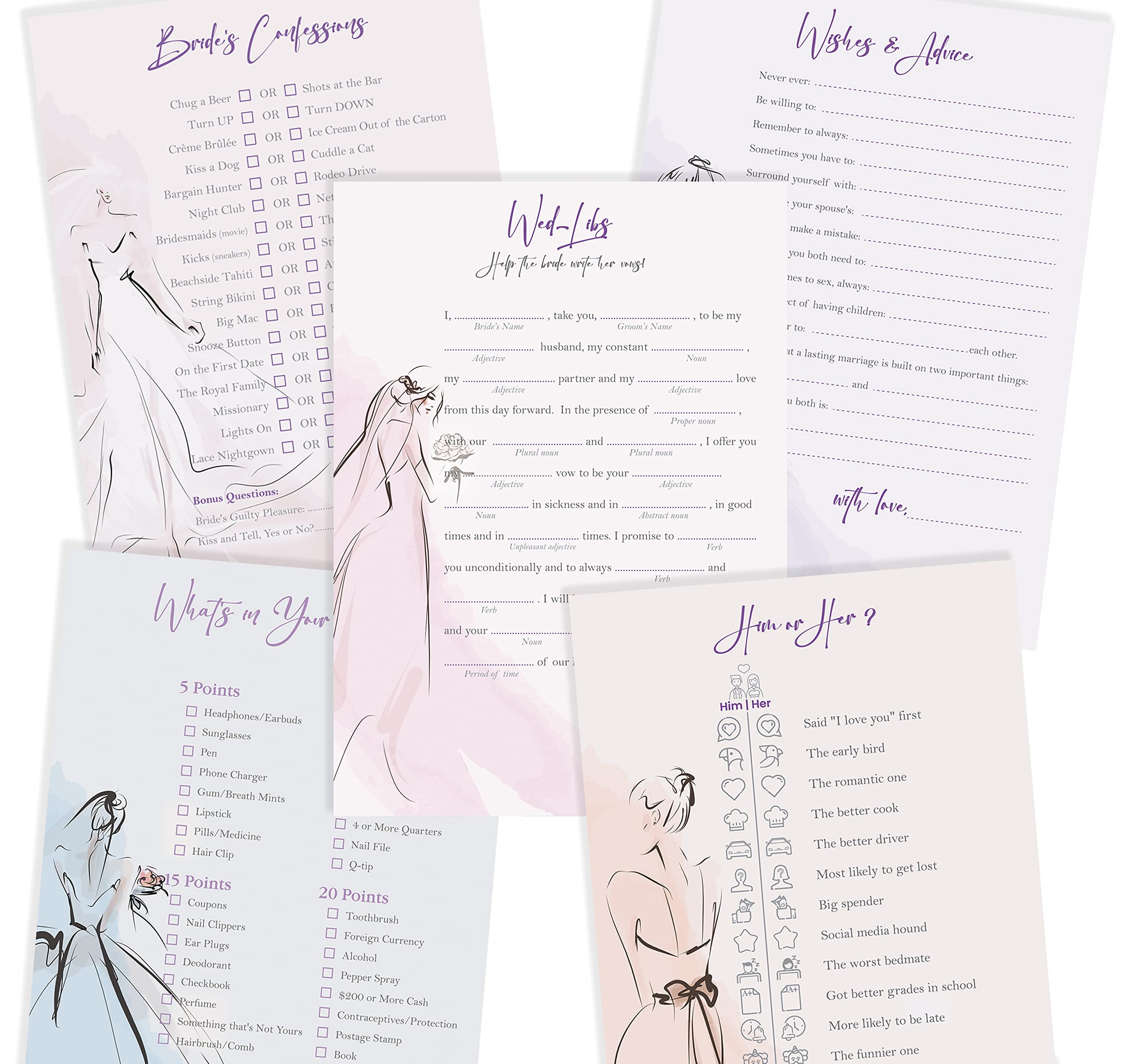 Better Office Products Bridal Shower Games for 50 Guests (250 Cards), 5 x 7 in, Set of 5 Bridal Games, 5 Fun Game Activities, Assorted Elegant Bridal Sketch Designs,