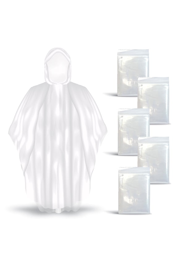Disposable Clear Rain Ponchos with Hood for Adults, Emergency Ponchos Family Pack, Lightweight, Non-Toxic PE Plastic (5 Pack, Polyethylene (PE))