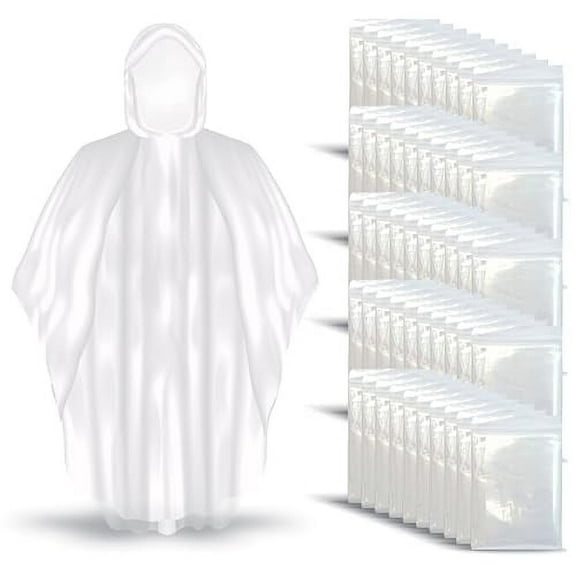 Better Office Products Disposable Clear Rain Ponchos with Hood for Adults (Thicker Gauge), Emergency Ponchos, Lightweight, Non-Toxic (50 Pack, Polyethylene (PE))