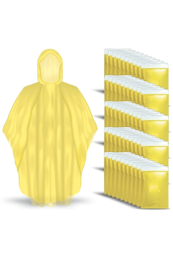 Disposable Yellow Rain Ponchos with Hood for Adults, 50-Pack