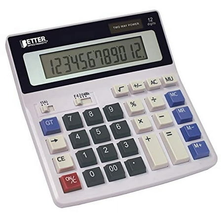 Better Office Products Extra Large Calculator, 12-Digit LCD, Angled Display, Dual Power, Light Gray