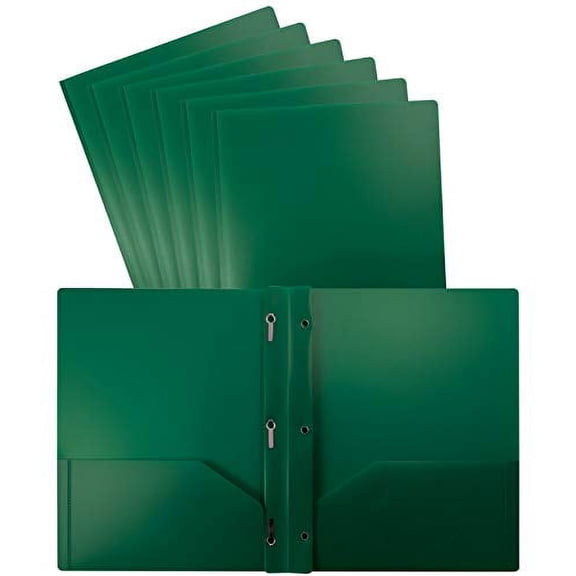 Better Office Products Green Plastic 2 Pocket Folders with Prongs, Heavyweight, Letter Size Poly Folders, 24 Pack, with 3 Metal Prongs Fastener Clips, Green