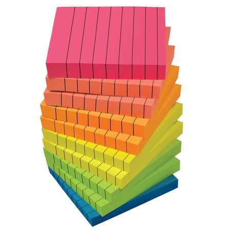 Lined Sticky Notes 3 x 3, 10 Pack, 1,000 Sheets (100/Pad), Self Stick Notes with Lines, Bright Assorted Colors, by Better Office Products, Post Memos, Strong Adhesive, 10 Pads