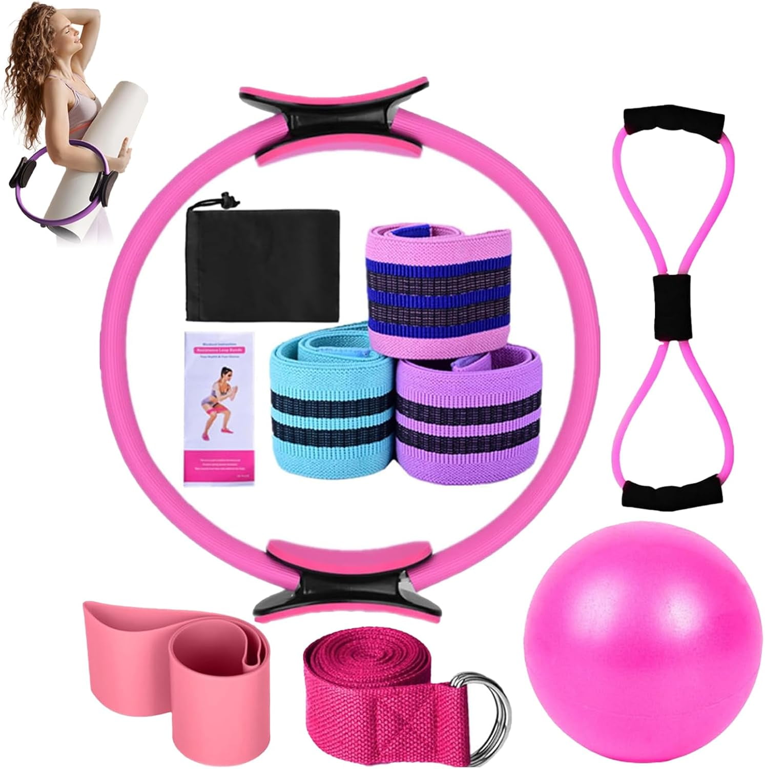 Ensemble Pilates 5 Pièces Pour Femme - Cercle Magique, Balle & Bandes De Résistance, Kit Maison Fitness - 6