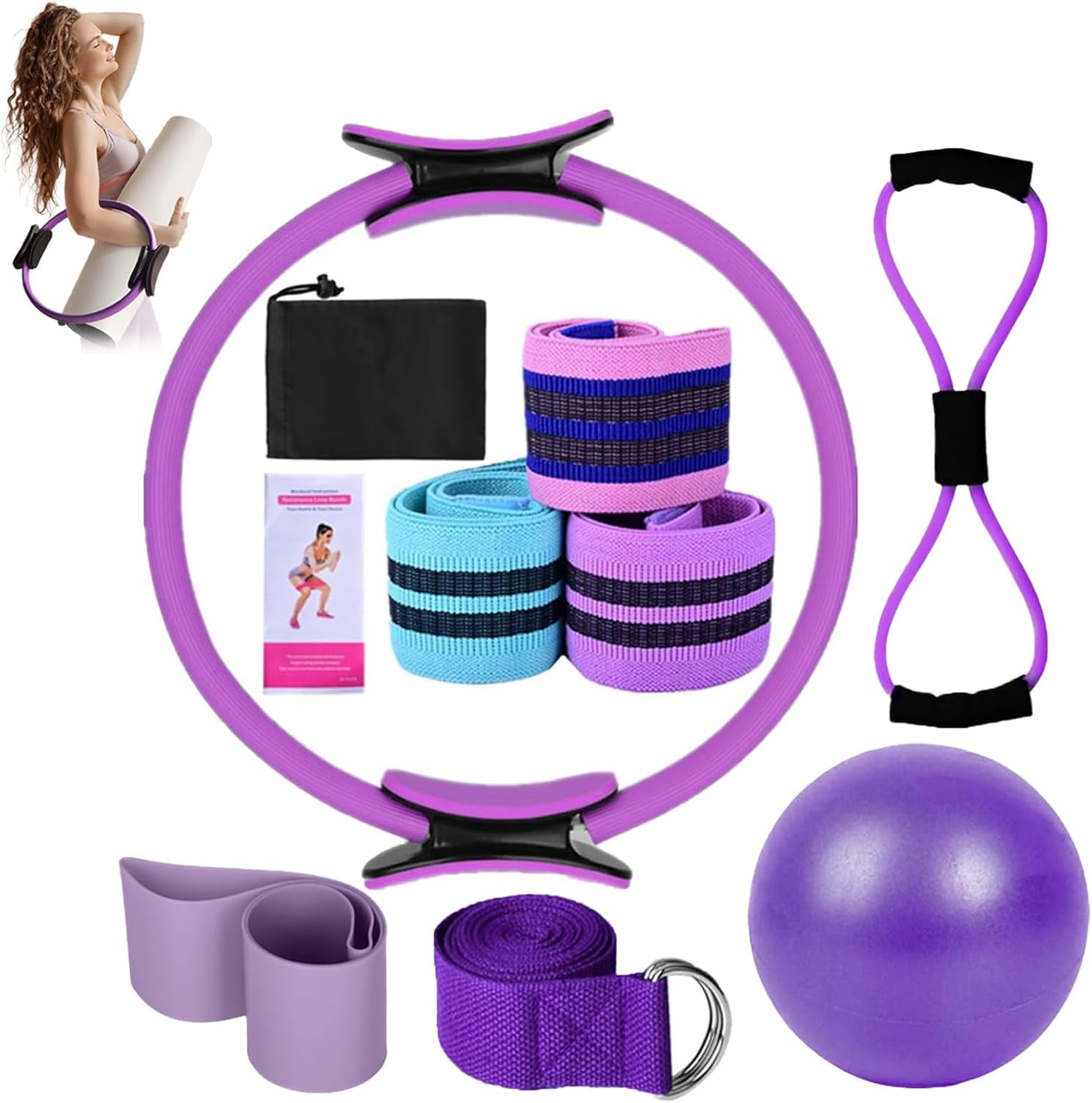 Pilates Set Komplett - Mit Ring, Ball, Gurt & 8er Abzieher - Essential Kit Für Frauen - Core Training Zubehör