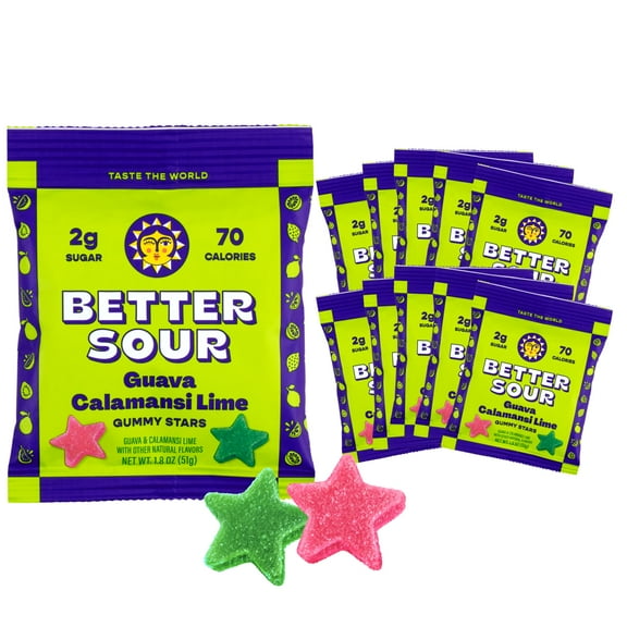 Better Sour Guava Calamansi Lime Gummy Stars Candy, Guava Sour Candy with Bold Tropical Flavor, Healthy Sour Candy Gluten Free Snack, Fiber Gummies with Fiber Support (Pack of 10)