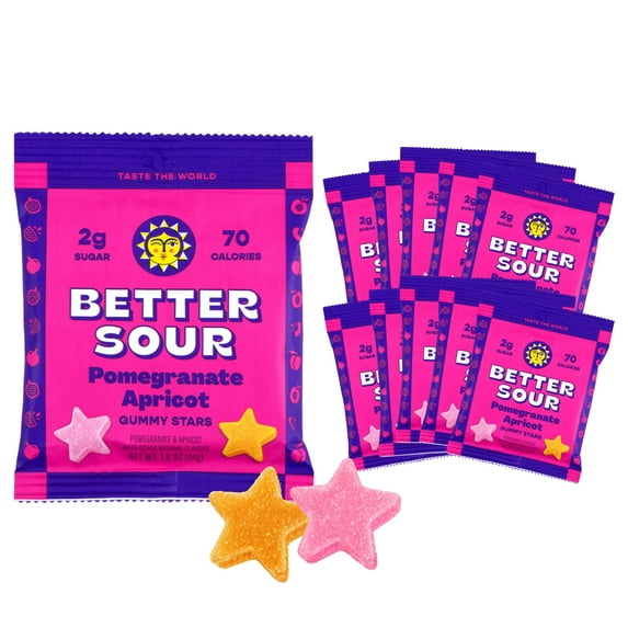 Better Sour Pomegranate Apricot Gummy MDA05 Stars Candy, Sour Gummies with Bold Fruit Flavor, Mouthwatering Sour Candy Made with Real Fruit Juice, Vegan and Gluten-Free Treats, 10 Pouch Set