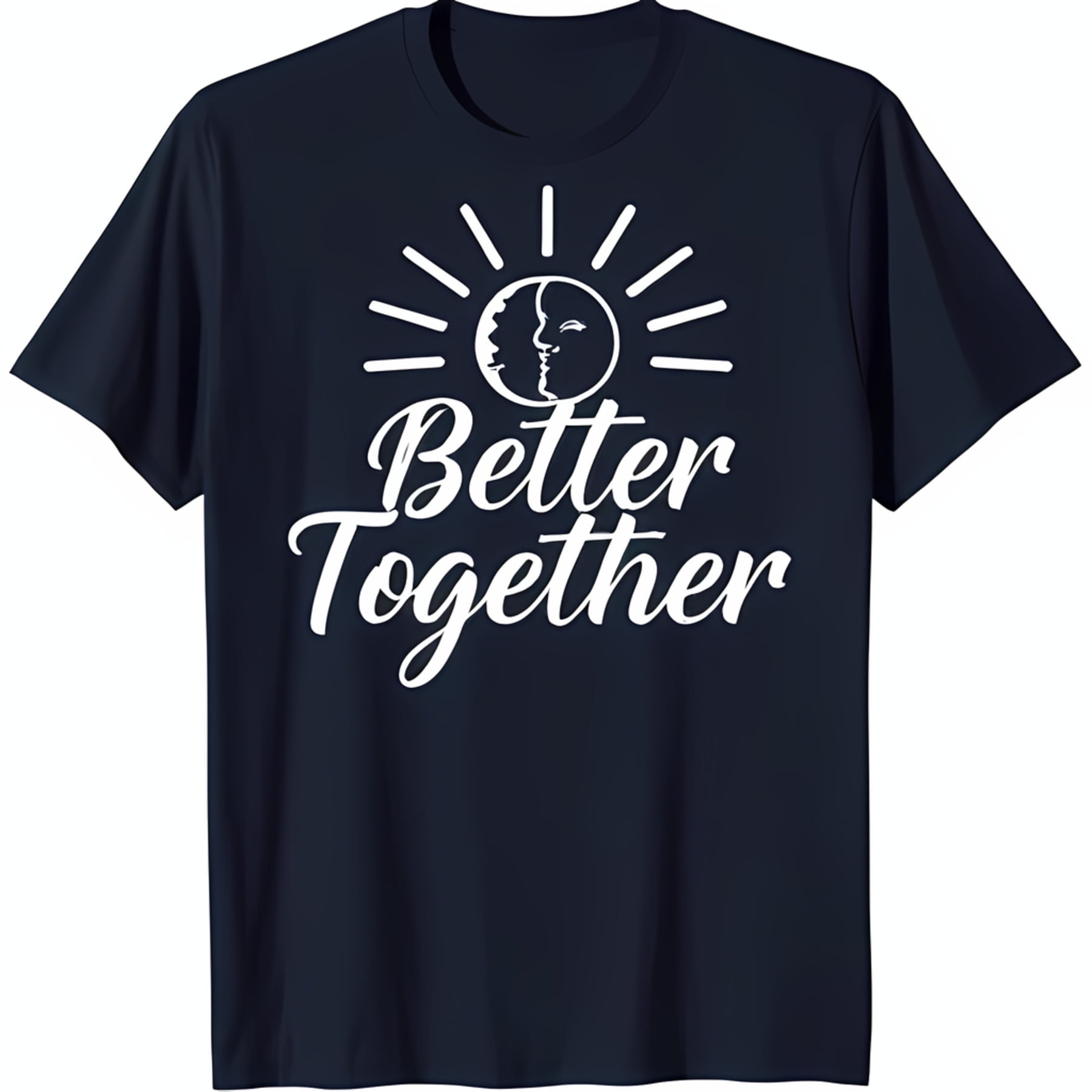 Better Together Blue TShirt with Sun and Moon Graphic Cursive Text