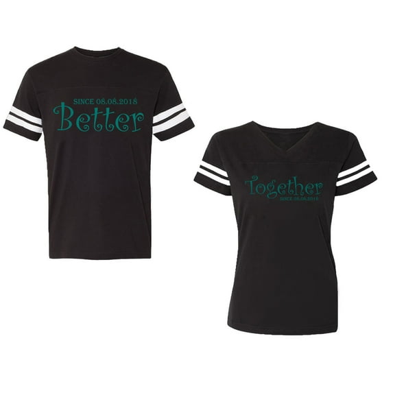 Better Together Unisex Couple Matching Cotton Jersey style T-Shirt Contrasting stripes on sleeves (Men Black / Women Black) (Men S / Women S)