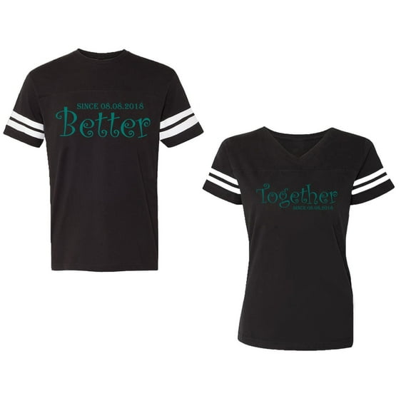 Better Together Unisex Couple Matching Cotton Jersey style T-Shirt Contrasting stripes on sleeves (Men Black / Women Black) (Men S / Women S)