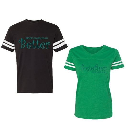 Better Together Unisex Couple Matching Cotton Jersey style T-Shirt Contrasting stripes on sleeves (Men Black / Women Green) (Men L / Women XXL)