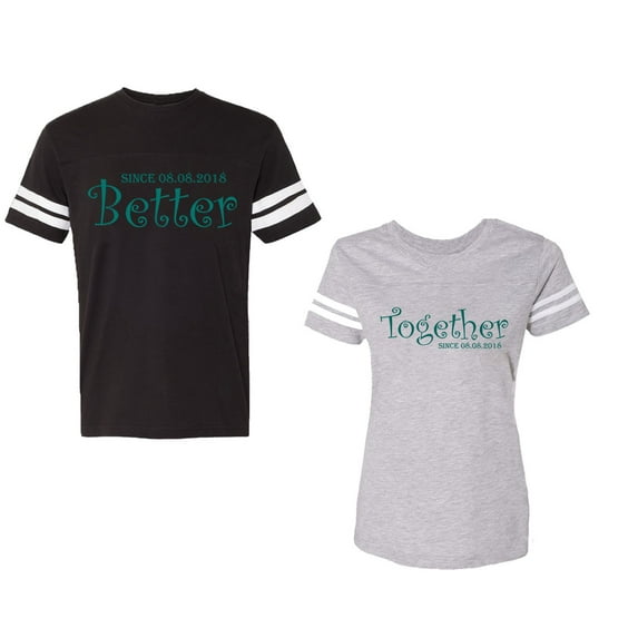 Better Together Unisex Couple Matching Cotton Jersey style T-Shirt Contrasting stripes on sleeves (Men Black / Women Heather) (Men XXL / Women M)