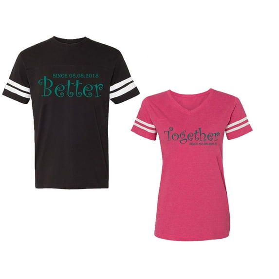 Better Together Unisex Couple Matching Cotton Jersey style T-Shirt Contrasting stripes on sleeves (Men Black / Women Pink) (Men M / Women M)