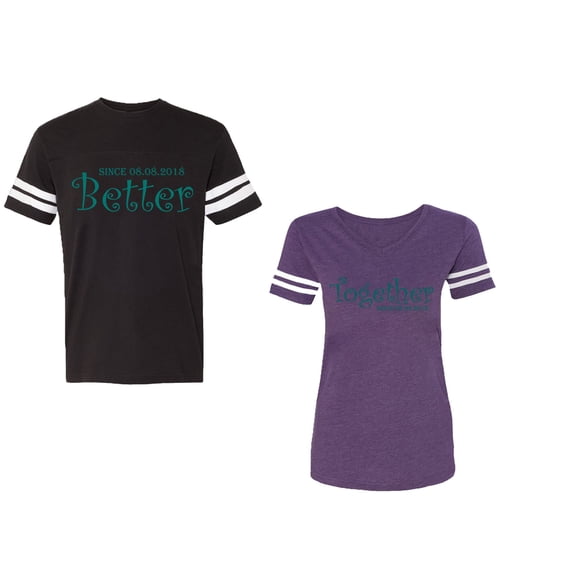 Better Together Unisex Couple Matching Cotton Jersey style T-Shirt Contrasting stripes on sleeves (Men Black / Women Purple) (Men XXXL / Women XXL)