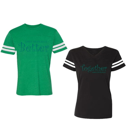 Better Together Unisex Couple Matching Cotton Jersey style T-Shirt Contrasting stripes on sleeves (Men Green / Women Black) (Men M / Women XL)