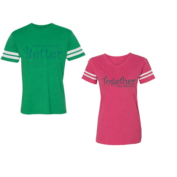 Better Together Unisex Couple Matching Cotton Jersey style T-Shirt Contrasting stripes on sleeves (Men Green / Women Pink) (Men S / Women M)