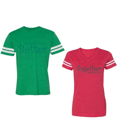 Better Together Unisex Couple Matching Cotton Jersey style T-Shirt Contrasting stripes on sleeves (Men Green / Women Red) (Men M / Women L)