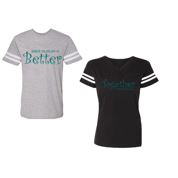 Better Together Unisex Couple Matching Cotton Jersey style T-Shirt Contrasting stripes on sleeves (Men Heather / Women Black) (Men L / Women L)