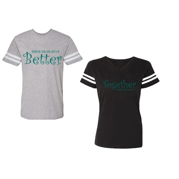 Better Together Unisex Couple Matching Cotton Jersey style T-Shirt Contrasting stripes on sleeves (Men Heather / Women Black) (Men S / Women S)