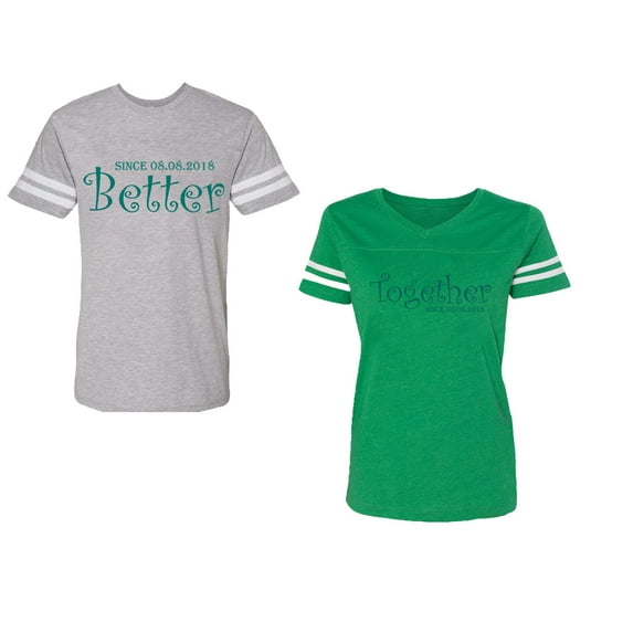 Better Together Unisex Couple Matching Cotton Jersey style T-Shirt Contrasting stripes on sleeves (Men Heather / Women Green) (Men S / Women XXL)