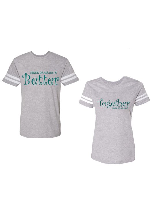 Better Together Unisex Couple Matching Cotton Jersey style T-Shirt Contrasting stripes on sleeves (Men Heather / Women Heather) (Men L / Women L)