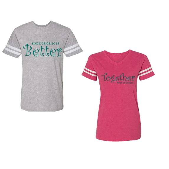 Better Together Unisex Couple Matching Cotton Jersey style T-Shirt Contrasting stripes on sleeves (Men Heather / Women Pink) (Men S / Women L)