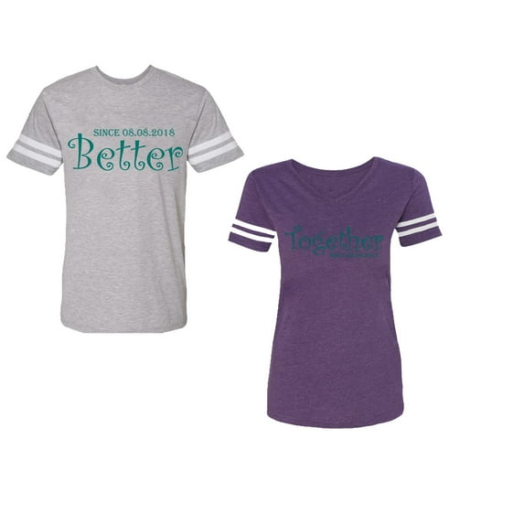 Better Together Unisex Couple Matching Cotton Jersey style T-Shirt Contrasting stripes on sleeves (Men Heather / Women Purple) (Men XL / Women S)