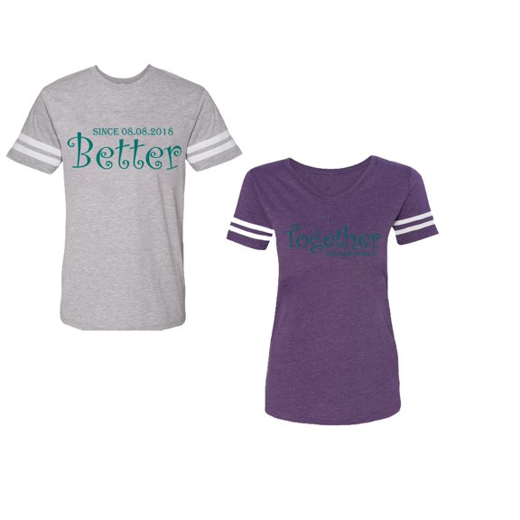 Better Together Unisex Couple Matching Cotton Jersey style T-Shirt Contrasting stripes on sleeves (Men Heather / Women Purple) (Men XXXL / Women XXL)