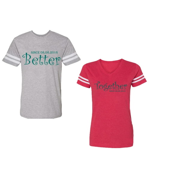 Better Together Unisex Couple Matching Cotton Jersey style T-Shirt Contrasting stripes on sleeves (Men Heather / Women Red) (Men XL / Women S)