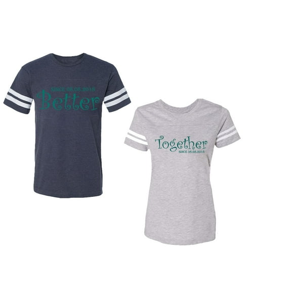 Better Together Unisex Couple Matching Cotton Jersey style T-Shirt Contrasting stripes on sleeves (Men Navy / Women Heather) (Men L / Women S)