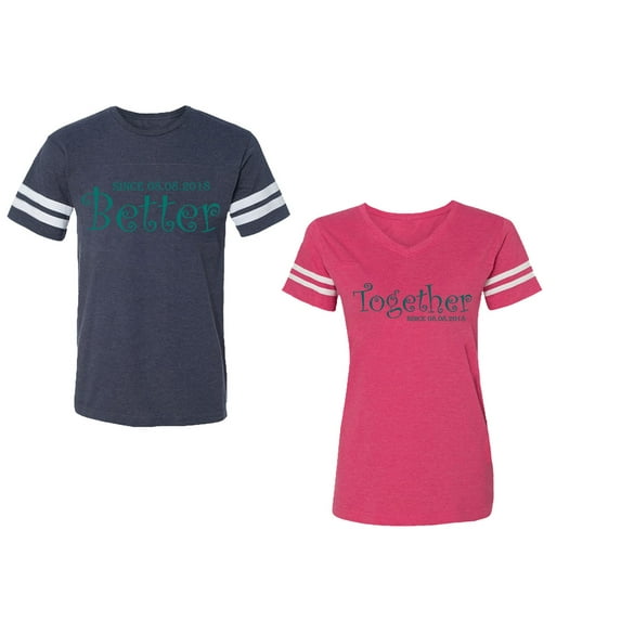 Better Together Unisex Couple Matching Cotton Jersey style T-Shirt Contrasting stripes on sleeves (Men Navy / Women Pink) (Men M / Women XL)
