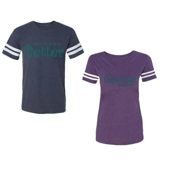 Better Together Unisex Couple Matching Cotton Jersey style T-Shirt Contrasting stripes on sleeves (Men Navy / Women Purple) (Men XXL / Women S)