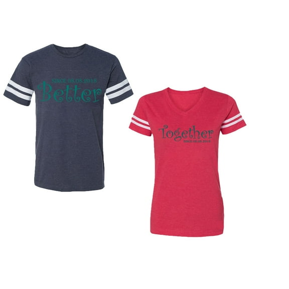 Better Together Unisex Couple Matching Cotton Jersey style T-Shirt Contrasting stripes on sleeves (Men Navy / Women Red) (Men M / Women XL)