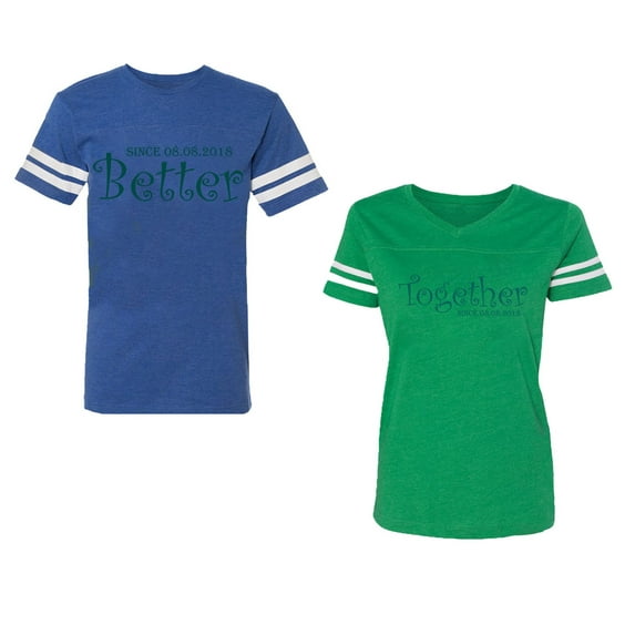 Better Together Unisex Couple Matching Cotton Jersey style T-Shirt Contrasting stripes on sleeves (Men Royal / Women Green) (Men L / Women L)