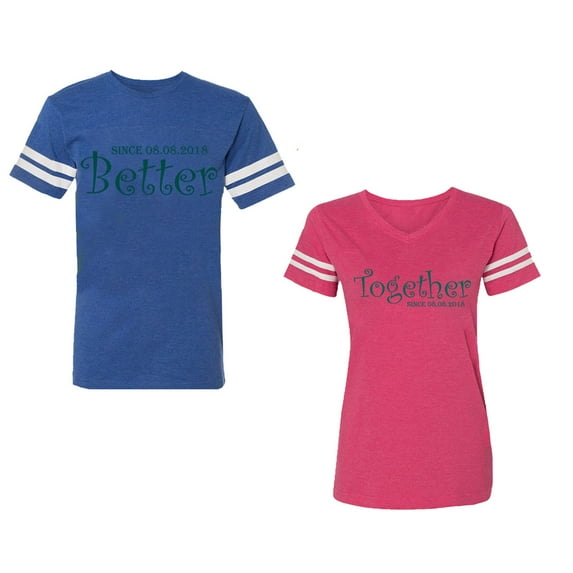 Better Together Unisex Couple Matching Cotton Jersey style T-Shirt Contrasting stripes on sleeves (Men Royal / Women Pink) (Men L / Women XL)