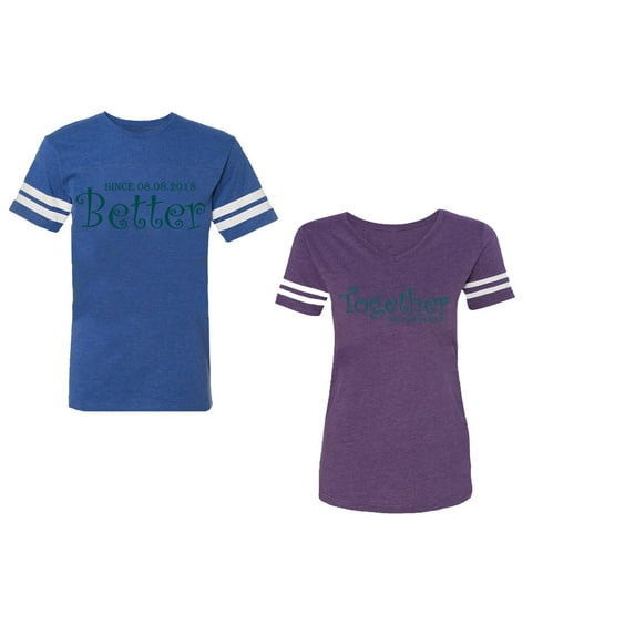 Better Together Unisex Couple Matching Cotton Jersey style T-Shirt Contrasting stripes on sleeves (Men Royal / Women Purple) (Men S / Women XXL)