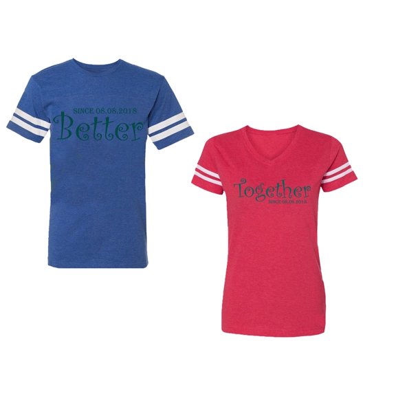 Better Together Unisex Couple Matching Cotton Jersey style T-Shirt Contrasting stripes on sleeves (Men Royal / Women Red) (Men XXXL / Women XXL)