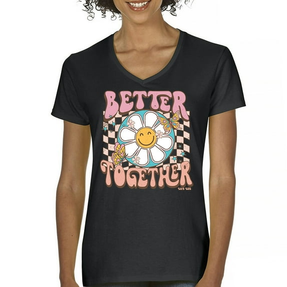 Better Together Women's V-Neck T-shirt Vintage Retro Boho Style 70s Floral Vibe Hippie Peace Love Friendship Bohemian Tee