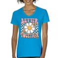 thumbnail image 1 of Better Together Women's V-Neck T-shirt Vintage Retro Boho Style 70s Floral Vibe Hippie Peace Love Friendship Bohemian Tee, 1 of 7